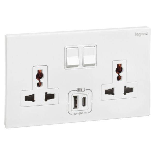 Ổ cắm đôi đa năng có công tắc 16A + USB Type A+C - Galion | 282444