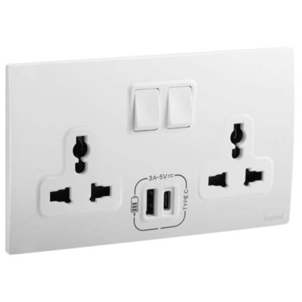 LG-281123MW-WEB-R Ổ cắm đôi đa năng có công tắc kèm USB A+C 3000mA - White | 281123MW