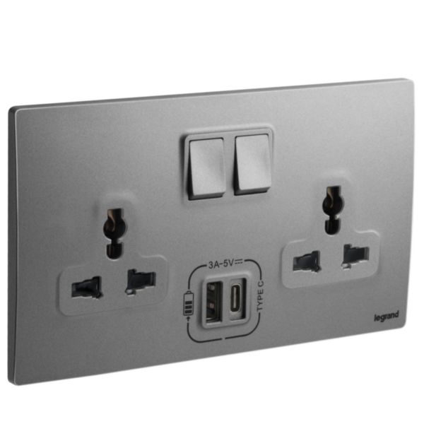 Ổ cắm đôi đa năng có công tắc kèm USB A+C 3000mA - Dark Silver | 281123DS