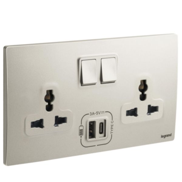 Ổ cắm đôi đa năng có công tắc kèm USB A+C 3000mA - Champagne | 281123CH